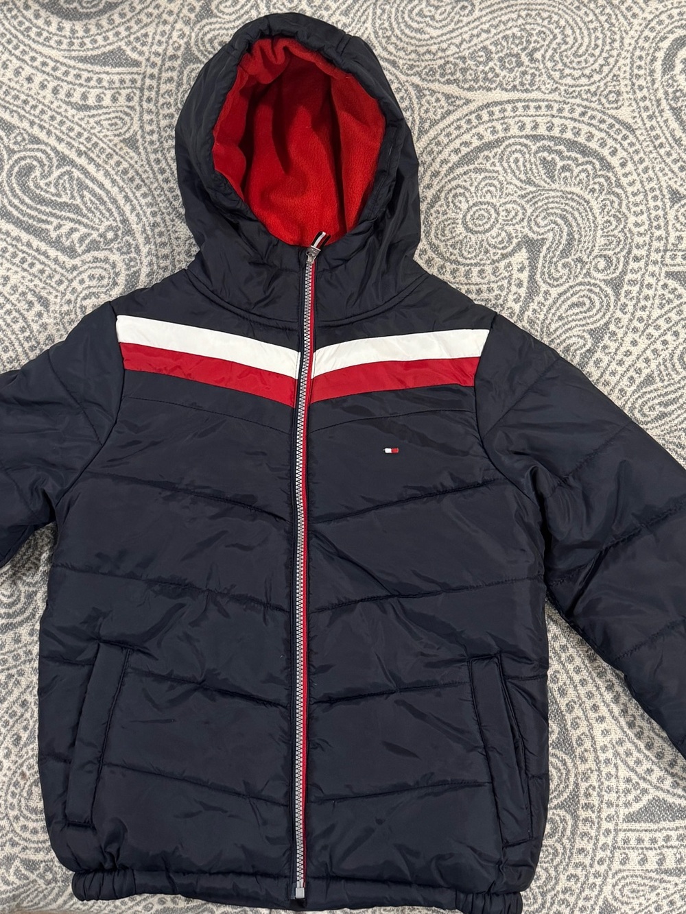 Tommy Hilfiger Navy Puffer Jacket with Red & White Stripe Hood